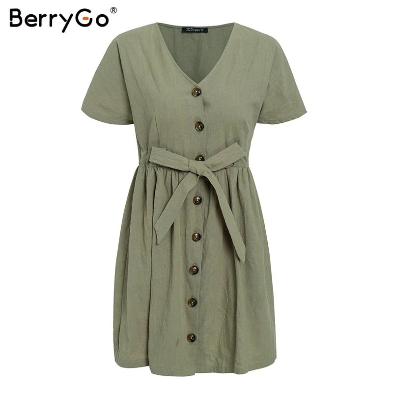 Gray Green BerryGo, сексуальные женские платья с v-образным вырезом, льняное платье, Ретро стиль, короткий рукав, на пуговицах, мини платье, Повседневная Уличная одежда, летнее платье, vestido - Цвет: Gray Green