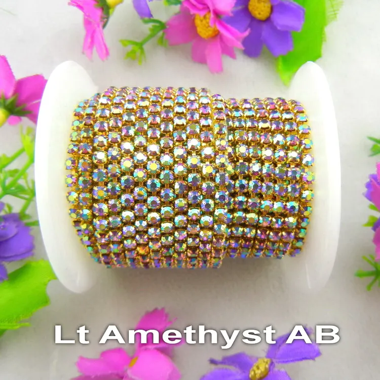 A4 Lt Amethyst AB 5 ярдов/рулон золотых чашек высокой плотности AB цвета ss6 2 мм SS8 2,5 мм SS10 2,8 мм SS12 3 мм стразы на цепочке для пришивания клея на отделке - Цвет: A4 Lt Amethyst AB