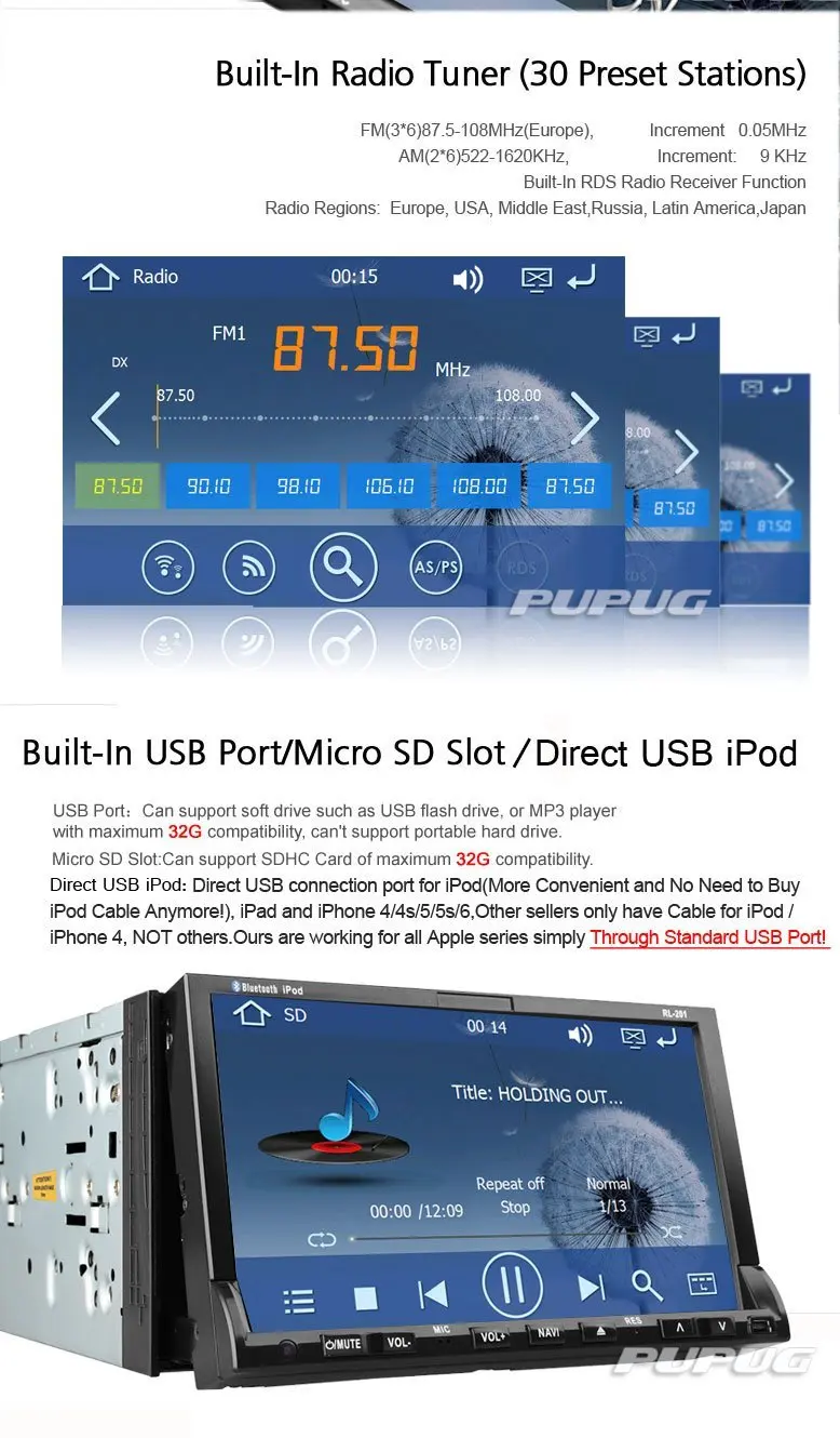 7 inch двойной din dvd-плеер автомобиля раздвижные сенсорный экран 8 ГБ GPS Navigato стерео FM