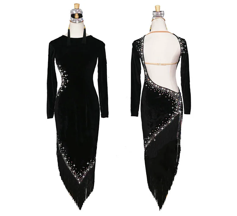 

Shiny Rhinestones Women Latin Dance Dress Competition Costumes High-end Custom Lady Black Stretch Velvet Halter Fringed Dresses