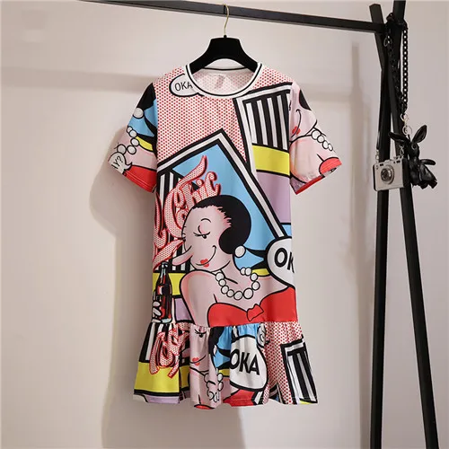 Limiguyue/XL-5XL, большие размеры, женское шифоновое платье с героями мультфильмов, летнее платье с короткими рукавами, мини-платье трапециевидной формы, Y009 - Цвет: picture color