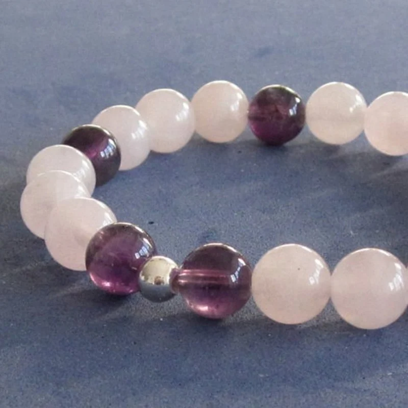 Женский браслет из бисера розовый с кристаллами аметиста 8 мм | Украшения и