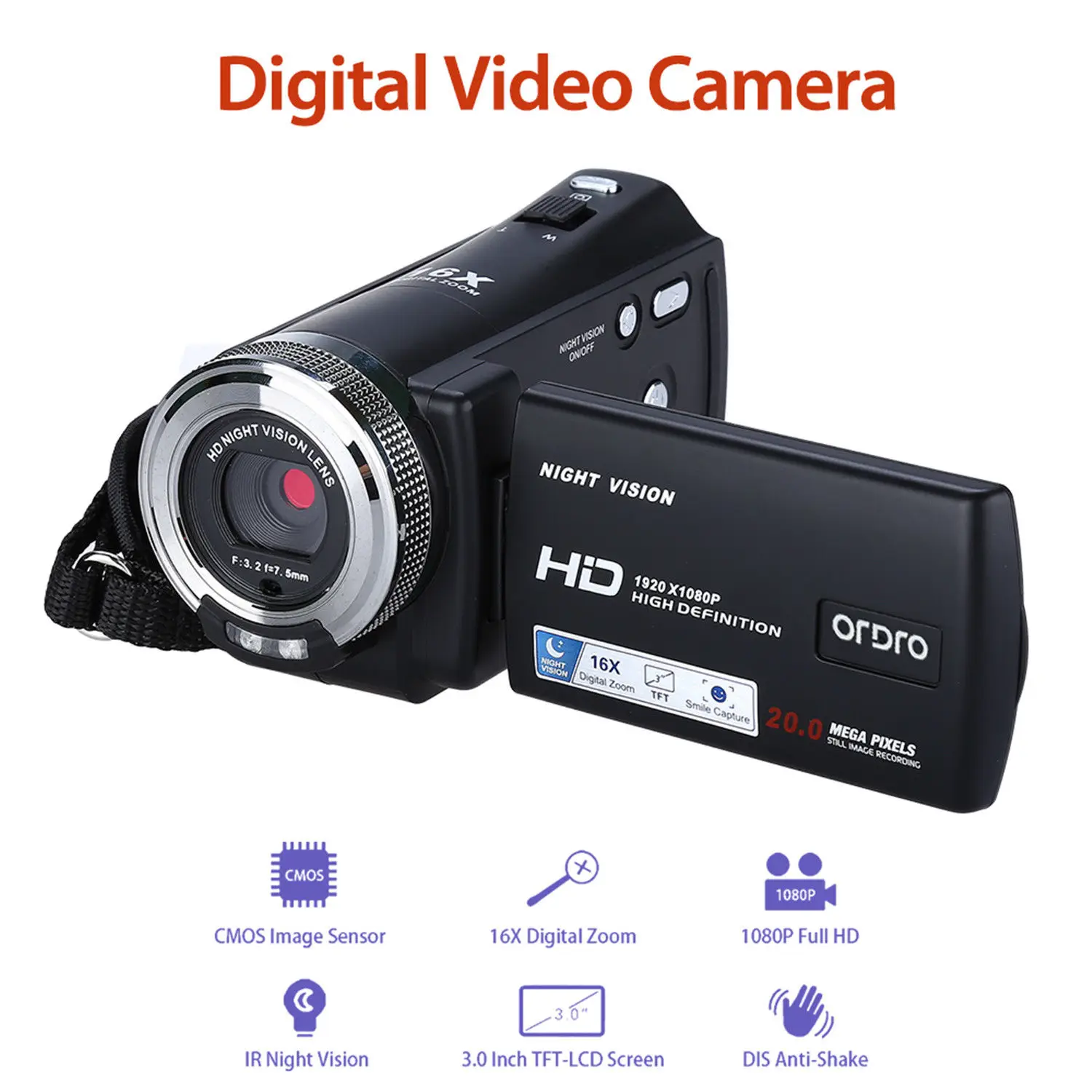 ORDRO HDV V12 3 0 &quotЖК дисплей 16X цифровой зум 1080P Full HD Цифровая видеокамера инфракрасная