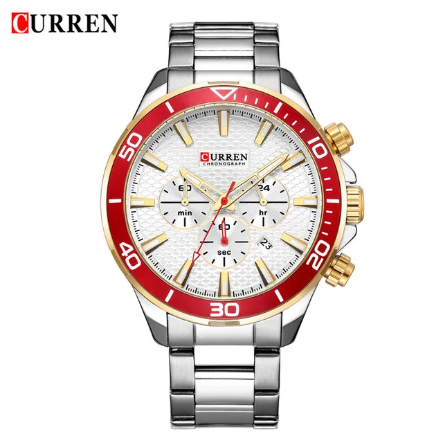 white white red Curren Мужские часы от ведущего бренда, Роскошные Кварцевые военные часы из нержавеющей стали, наручные мужские часы с хронографом, наручные часы с датой 8309 - Цвет: white white red