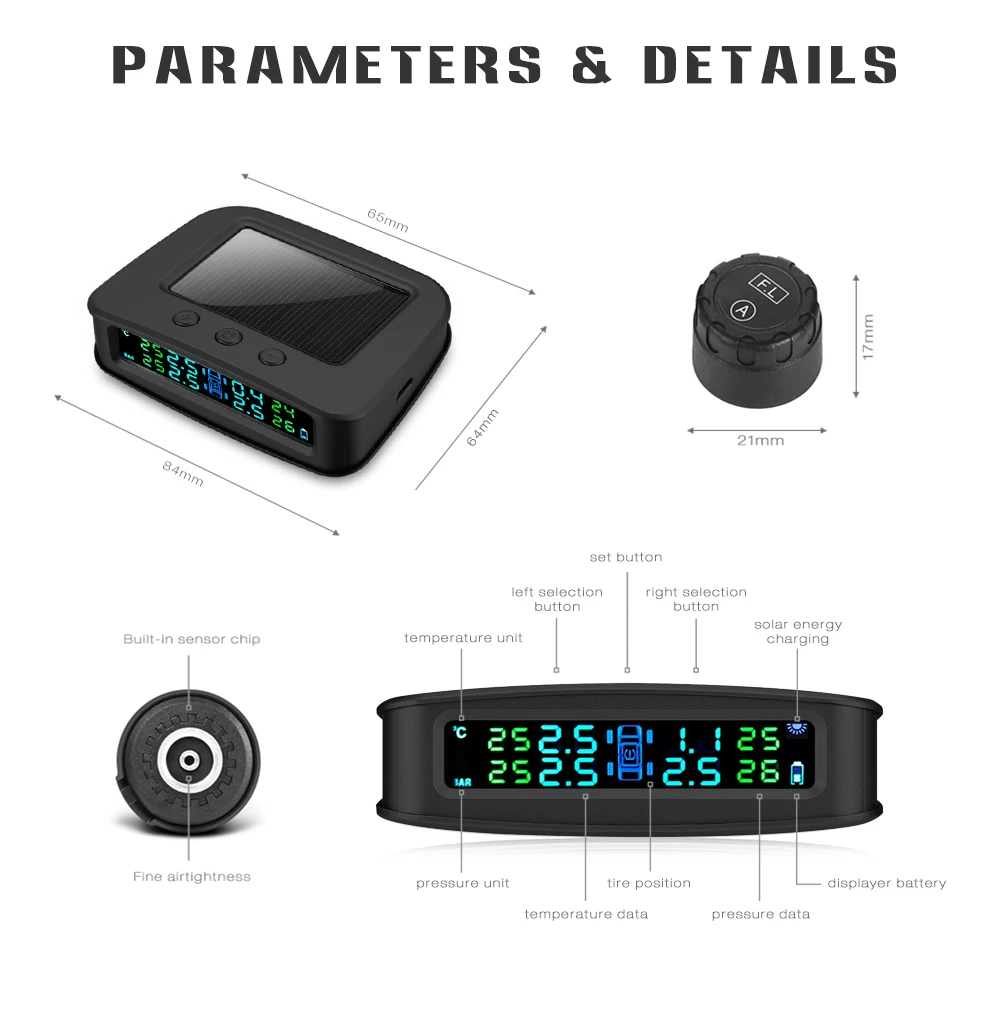 ZEEPIN C260 на солнечных батареях TPMS автомобильный монитор давления в шинах Система 4