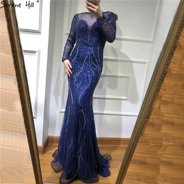 navy blue С длинным рукавом темно-синий серый Кристалл Бисероплетение Русалка Формальное вечернее платье платья BLA6506 - Цвет: navy blue