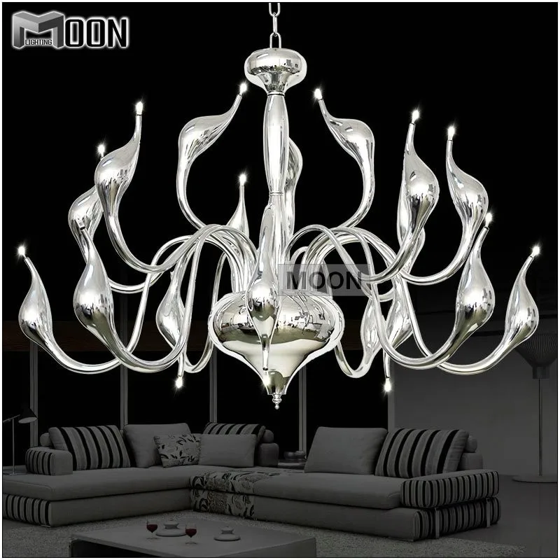 

Modern Swan Light Iron Silver Chandelier Lighting Swan hanging lamp Chrome Color 18 Arms living room lights