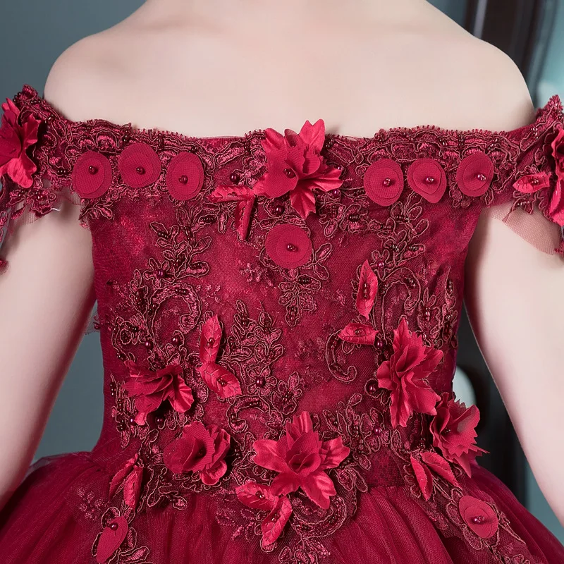

Wine Red Shoulderless Flower Girl Dresses for Wedding Appliques Long Holy Communion Dress Ball Gown Birthday Princess Dress K16