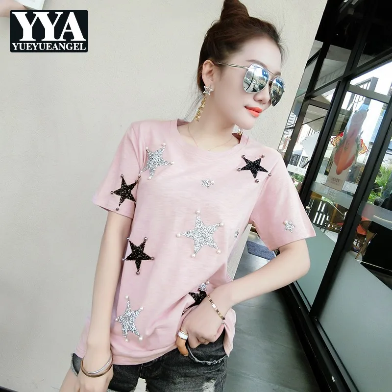 

Summer New Fashion Diamonds Short Sleeve T-shirt Women High Street 2021 Loose Fit O-Neck White Pink Elegant Office Tops Female