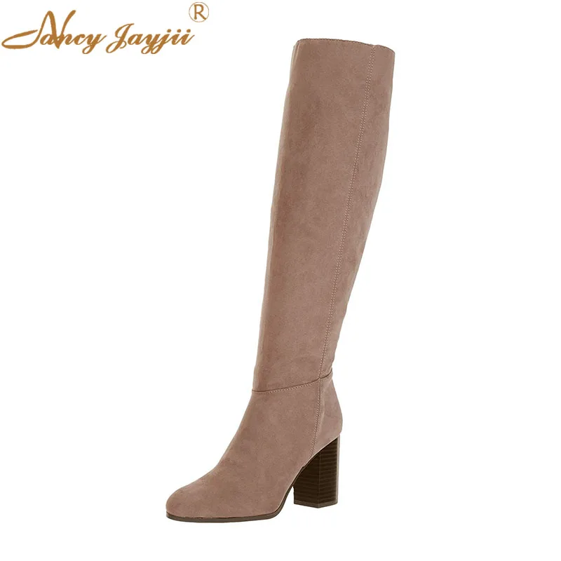 

Flock Women Shoes Adult Boots Ladies knee-High Super High Square Heels Solid Round Toe Zipper Leisure Mature 2019 8cm~10cm