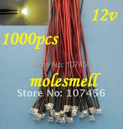 Free shipping 1000pcs Flat Top warm white LED Lamp Light Set Pre-Wired 5mm 12V DC Wired 5mm 12v big/wide angle warm white led