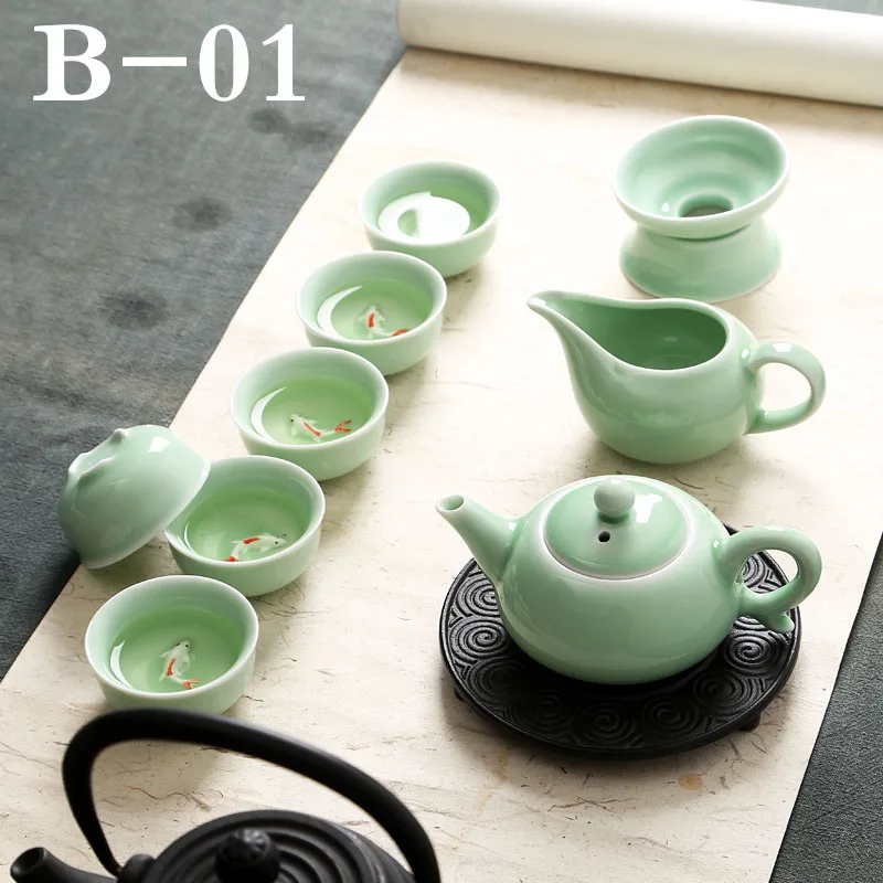 Китайский традиционный фарфоровый чайный сервиз Celadon Gong Fu керамический с синим