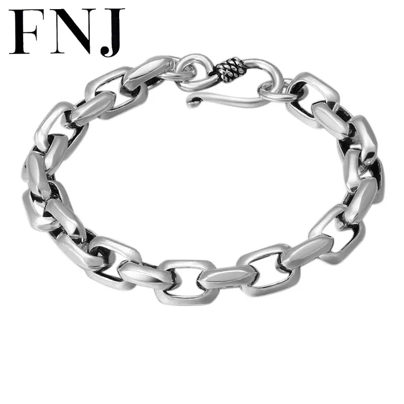 

FNJ 8mm Big Chain Bracelet 925 Silver 18cm Punk New Fashion Original Pure S925 Thai Silver Bracelets for Men Jewelry