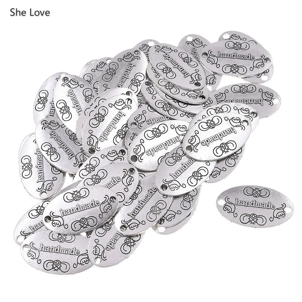 Ancient silver She Love 50 шт./лот, металлический сплав, овальная форма, ручная работа, этикетки с цветочным принтом, буквенная бирка ручной работы для одежды, аксессуары для Diy - Цвет: Ancient silver