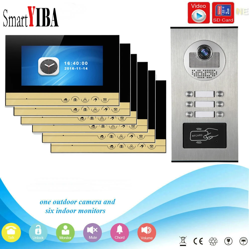 

SmartYIBA 7 "дюймовый монитор видео-телефон двери дверной звонок Домофон RFID доступа Дверные Камера с sd-картой видео Запись для 6 квартиры