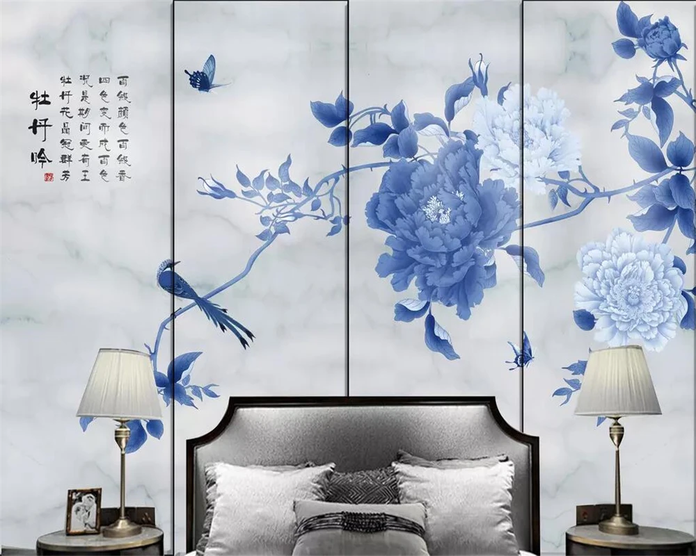 Beibehang Custom wallpaper Chinese Hand-painted pen Peony Birds and flowers Marble TV backdrop Home Decoration 3d | Обустройство дома