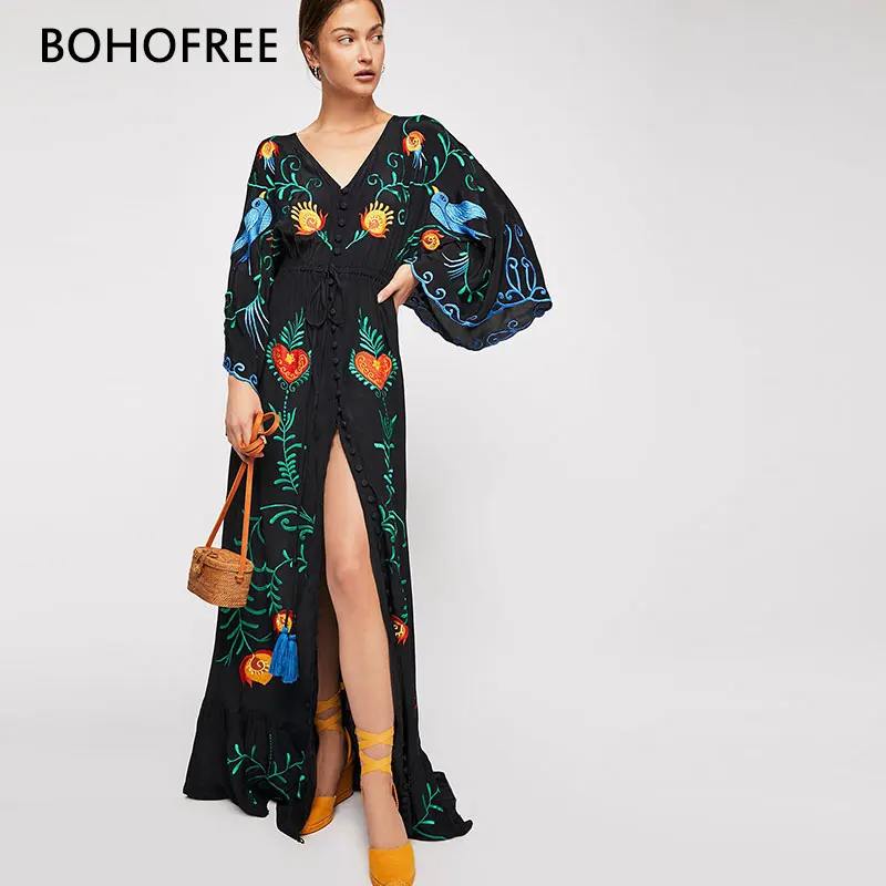 Длинное платье-кимоно BOHOFREE черное платье с цветочным принтом и рукавами летучая