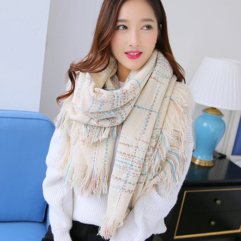 Новый Для женщин зимние клетчатые шарфы кашемир акрил большие размеры теплые