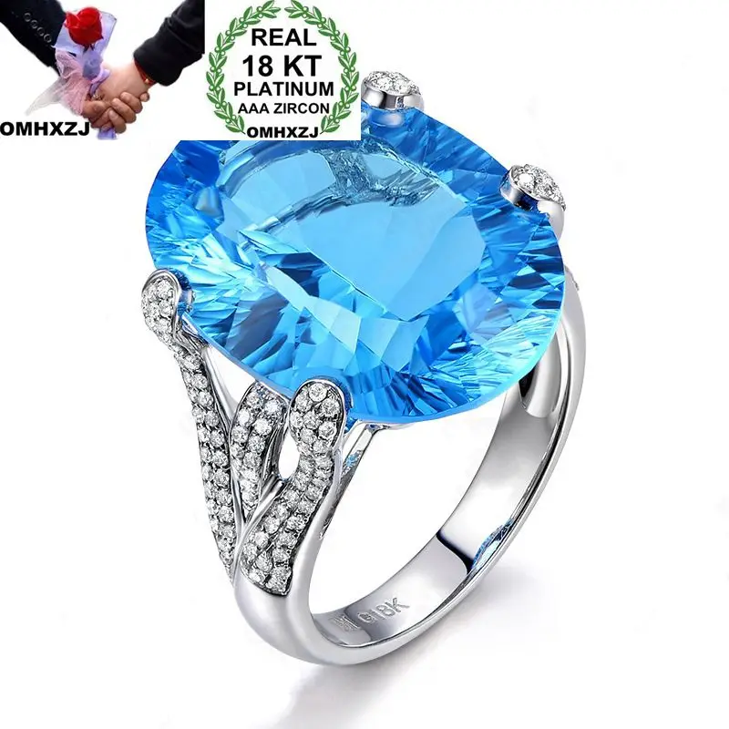 

OMHXZJ, оптовая продажа, европейский модный подарок для женщин и мужчин на свадьбу, кольцо из белого золота овальной формы с голубым топазом и б...
