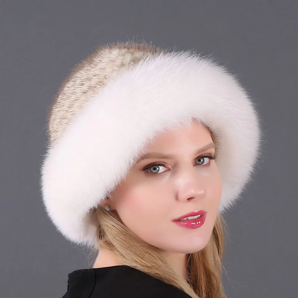 Russian Winter Mink Cashmere Women Hat Fox Fur Bucket Beanie Skullie Lady Fashion Wool Knitting Headwear Warm Cotton Cap