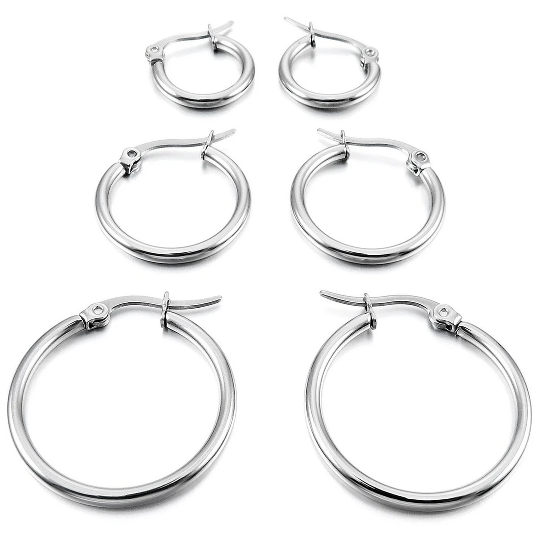 

3 Pairs 15mm 20mm 25mm Stainless Steel Hoop Huggies Earrings Set Woman Silver