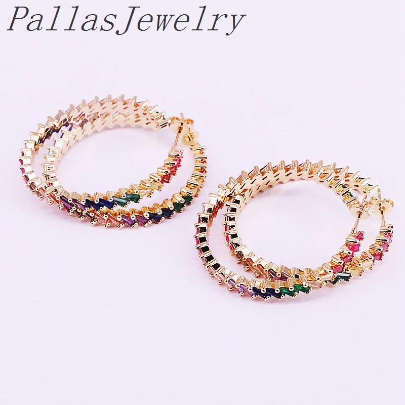

3Pairs 38mm, Colorful cz zirconia micro pave Round Circle trendy jewelry gold big studs earring