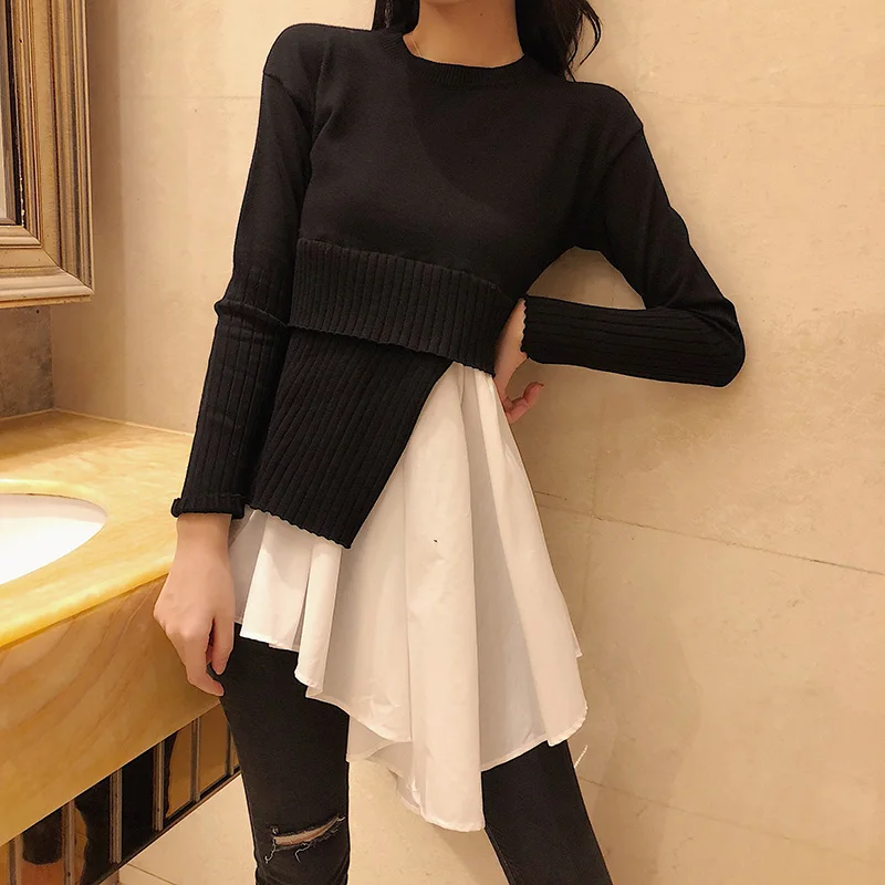 2019 Новое корейское шикарное платье-свитер черно-белое лоскутное вязаное платье с