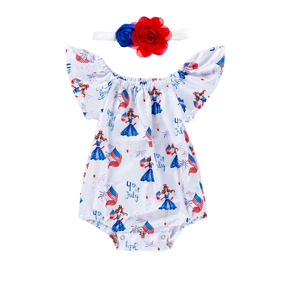 

Baby Girl's O-neck Short Sleeve Princess Print Rompers+Flowers Turban 2PCS Clothing Sets Triangle Rompers Summer Clothing Set