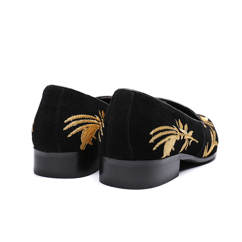 New Comfortable Flock Mens Loafers Luxury Gold Embroidery Casual Flats Breathable Slip-On Low Heels Black Party Shoes Man | Обувь