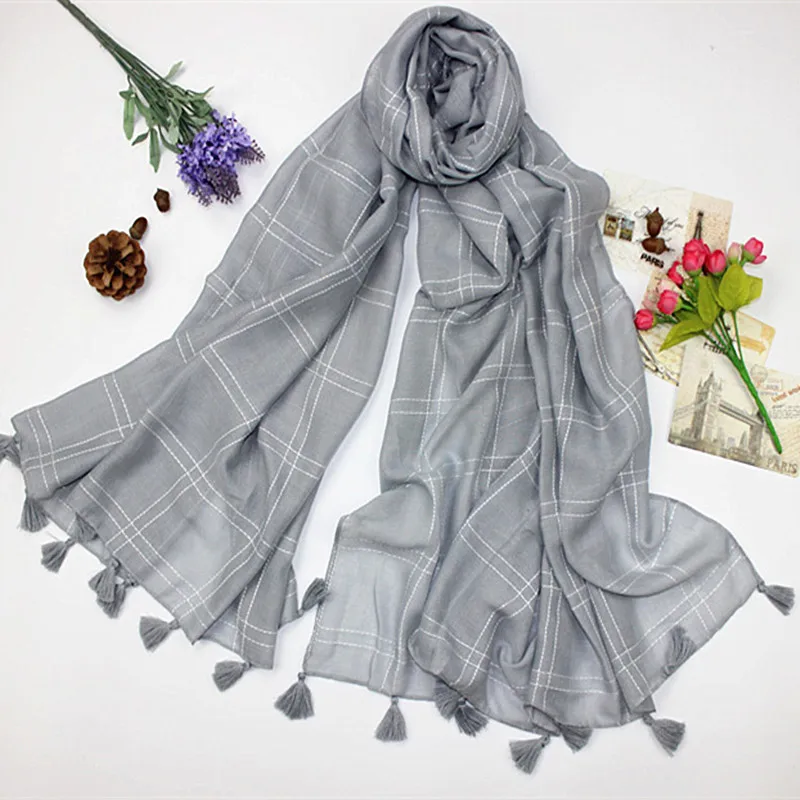 Новый принт чистый цвет двусторонняя сетка кисточки мусульманский хиджаб шарф