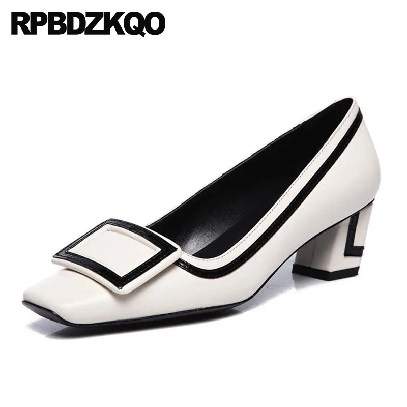 

High Heels Metal Size 4 34 Black Work Shoes Women Leather Thick Pumps Customized Luxury Medium Genuine Square Toe 2021 Beige