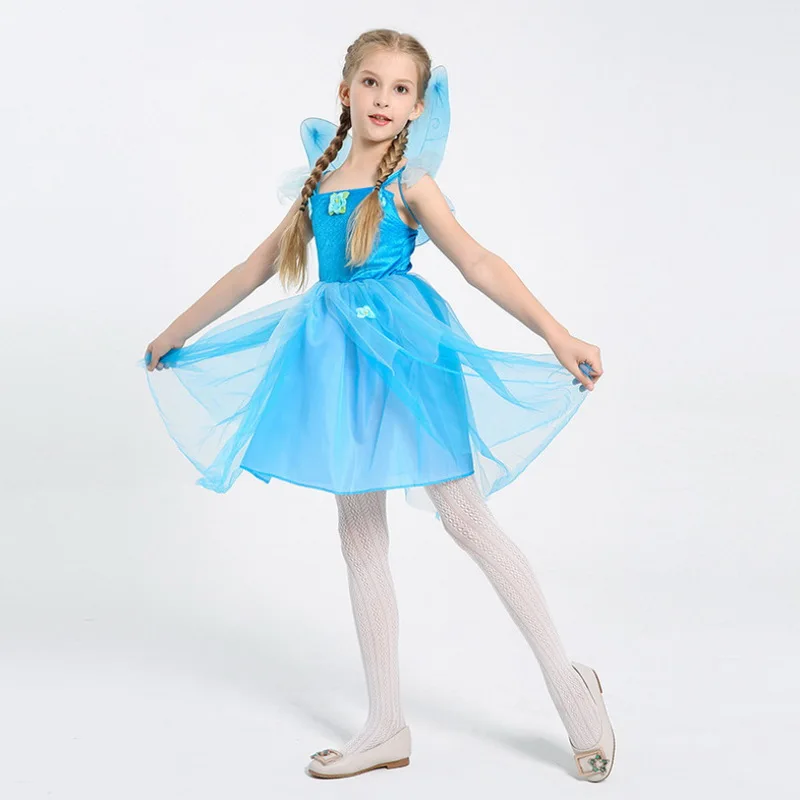 

Girl Princess Children Festival Show Costume Dress+Wings 2 pcs ste Elf Fairy Clothes Kids Party Pageant Ball Gown Dress