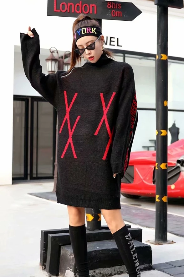 Tide brand 2018 autumn and winter new personality high collar handsome knit letter zipper color matching long sweater women | Женская