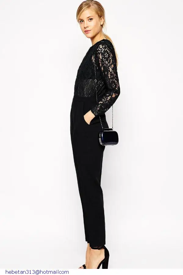 Stylish black Lace one piece bodysuit Contrast female winter long sleeve formal rompers womens jumpsuits for Sexy ladies LC6746 |