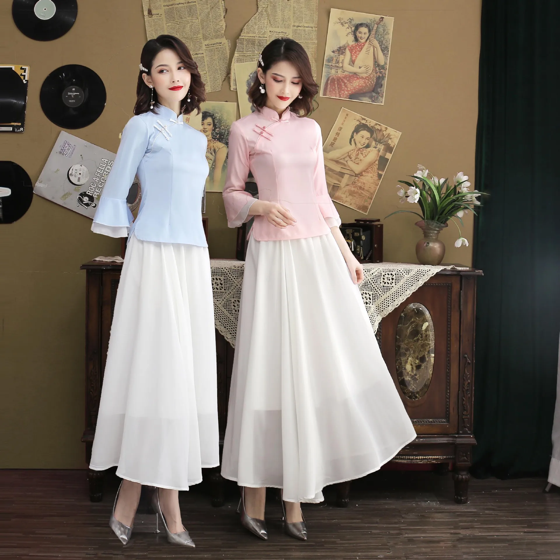 Новая улучшенная версия платья Чонсам китайский Hanfu Женский костюм Чонсам с рюшами на рукавах платье Чонсам комплект из двух предметов Размер S-3XL