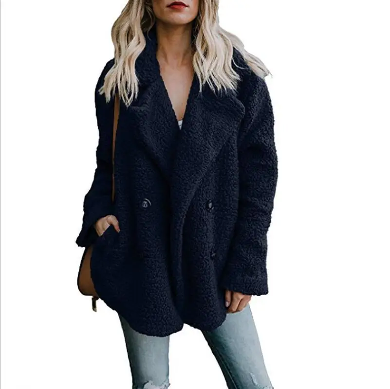 Navy Blue Зимнее однотонное пальто женское осеннее свободное теплое пальто с широким отворотом Женский Повседневный джемпер женское Свободное пальто из смеси шерсти для женщин - Цвет: Navy Blue