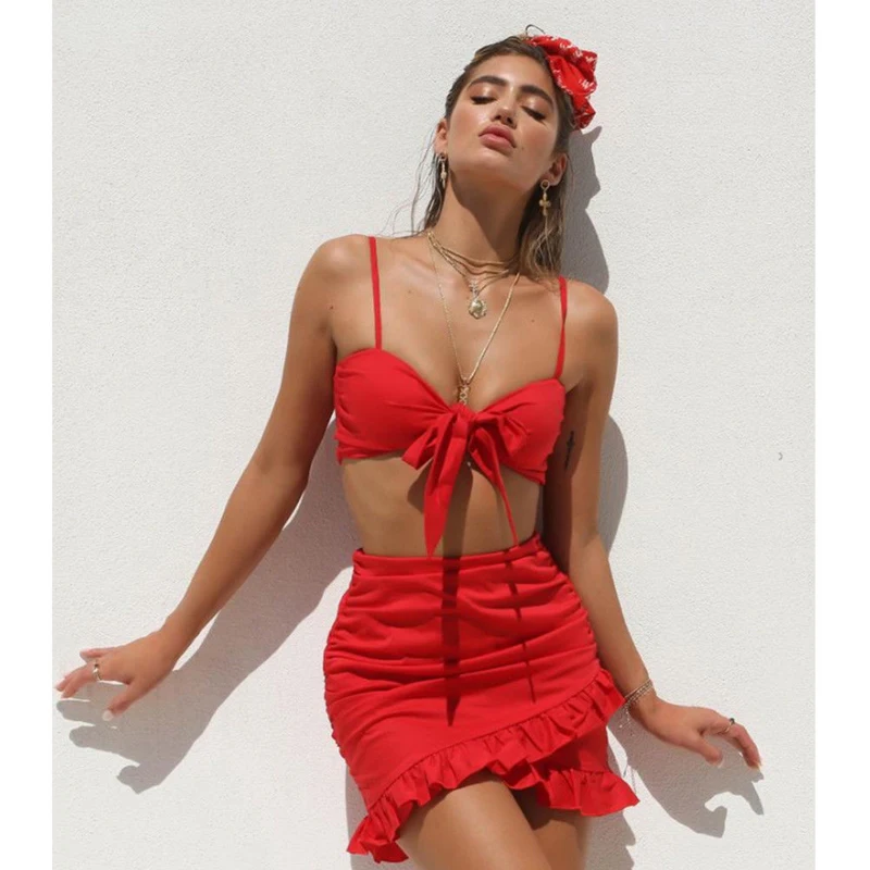 

Women Ladies Fashion Sexy Summer 2PCS Clothes Sleeveless Strapless Bow Solid Red Tops Ruffles Mini Skirts Size S/M/L/XL