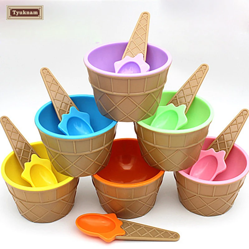 Модные мороженое социальных вафельный конусообразная чаша с ложкой набор для