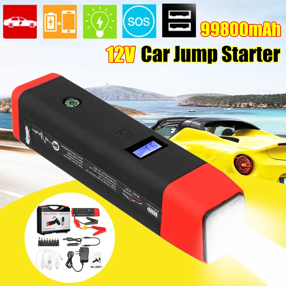 99800 мА/ч, 12V 2USB начать лучший 1000A пиков ток автомобиль скачок стартер начиная Мощность банк Авто Батарея Портативный бустер