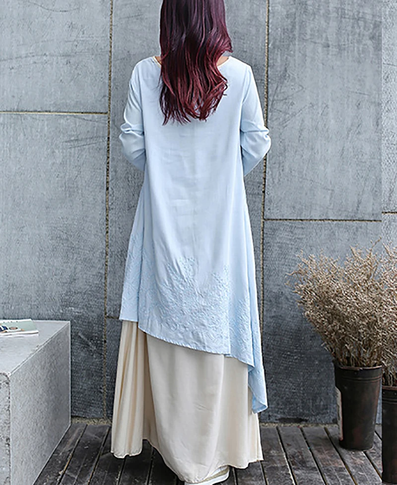 Loose large size female long dress Chinese style art Wrist Sleeved flax cotton and linen temperament Embroidery O-Neck dresses | Женская