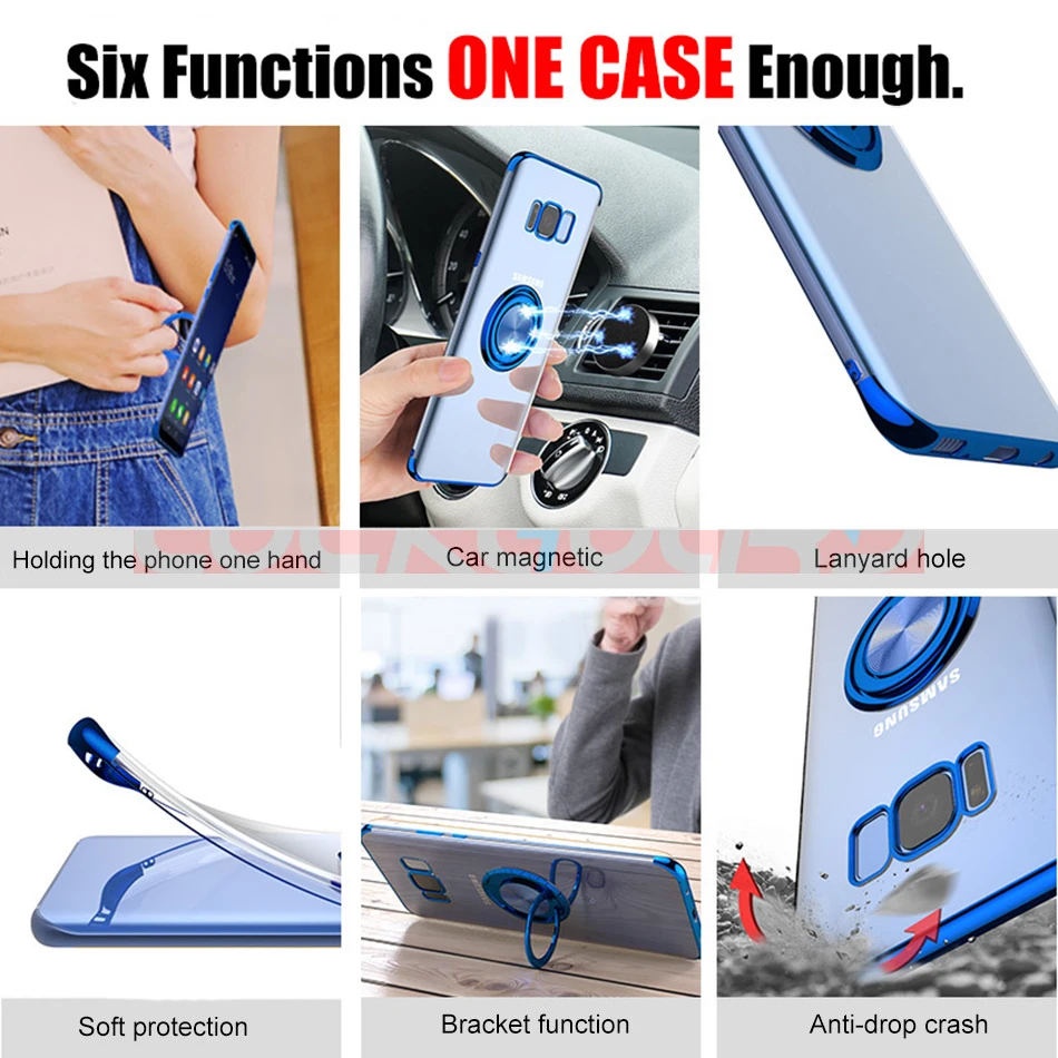 Прозрачный чехол с покрытием для samsung Galaxy S8, S9, S10, Note 8, 9, 10 Plus, J4, J6, A7,, J7 Prime, магнитное кольцо, силиконовый мягкий чехол