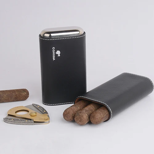 Silver logo COHIBA кожаный 3 пальца с внутренней отделкой из кедра портсигар чехол с серебряной прошитой деталью - Цвет: Silver logo