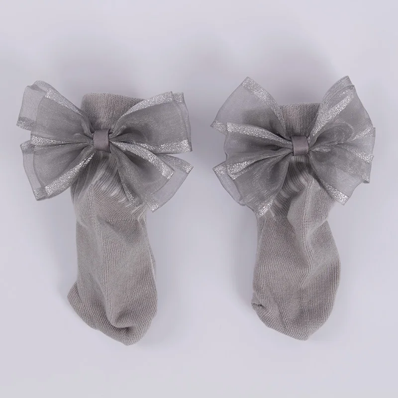 Gray Gray Silk Bow Новые детские носки для девочек, носки с бантиками для младенцев, хлопковые носки до лодыжки, носки для маленьких девочек, носки принцессы - Цвет: Gray Gray Silk Bow