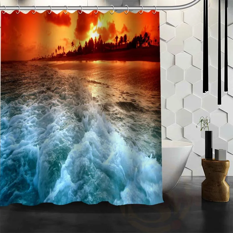 

Best Nice Custom Ice Beach Waves And Sunset Curtain Bath Curtain Waterproof Fabric Bathroom MORE SIZE WJY&5