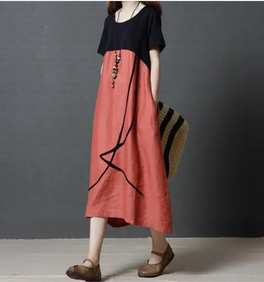 201 новые летние Для женщин платье В лоскутном стиле Изделие из хлопка с короткими