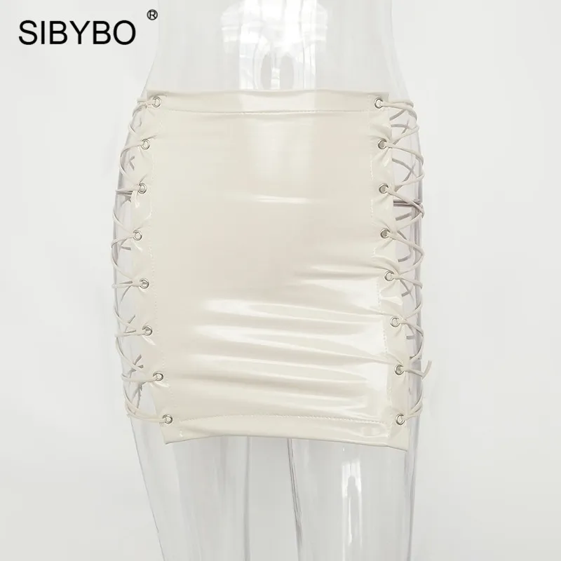 Sibybo, сексуальные женские юбки из искусственной кожи на шнуровке, с выемкой, высокая талия, мини-юбка-карандаш, бандажные, Клубные, вечерние, летние, женские юбки