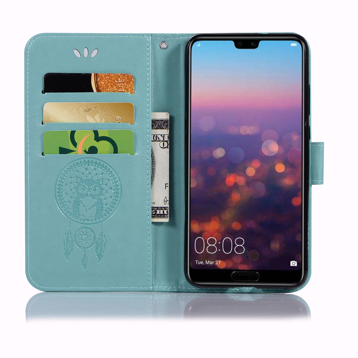 Кожаный чехол-книжка с рисунком ловца снов и совы для Huawei P20 / Lite Pro откидной