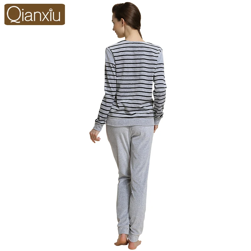 Qianxiu Pijama feminino Классический Полосатый Пижамы костюм Комфортно Кардиган Pijama unicornio