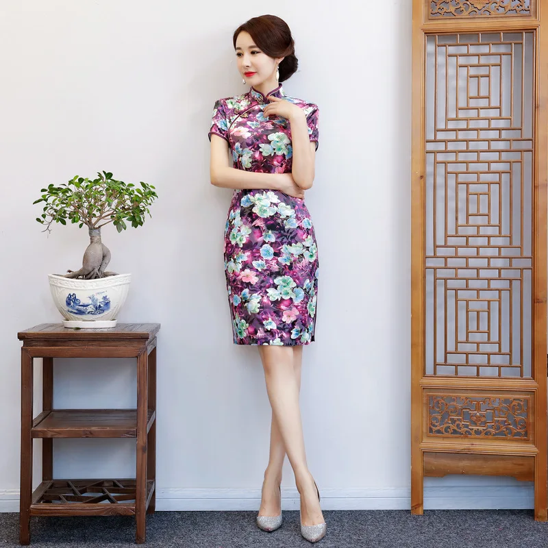 Винтажные женские зимние Бархатные Qipao сексуальные тонкие Сплит Ципао с коротким рукавом Vestidos китайские традиционные печатные Повседневные платья M-4XL
