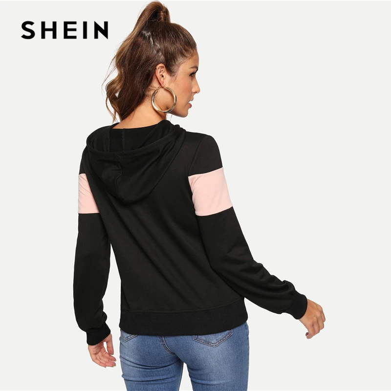 SHEIN Контратсная Толстовка С Капюшоном Женская Осенняя Многоцветная Повседневная Толстовка С Длинными Рукавами И Карманами
